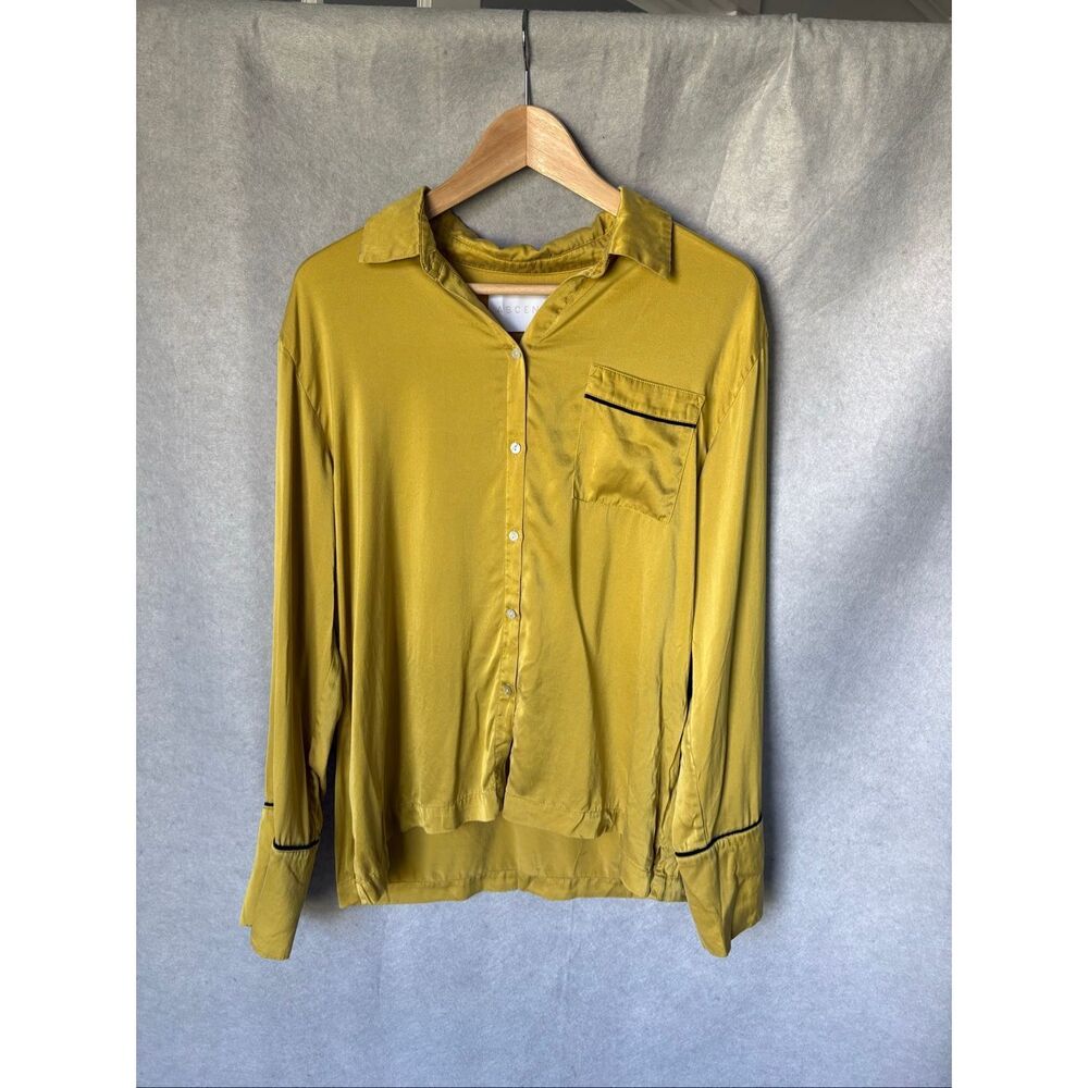ASCENO Yellow 100% Silk PJ Shirt Blouse Lounge Top M Designer Classy Dopamine